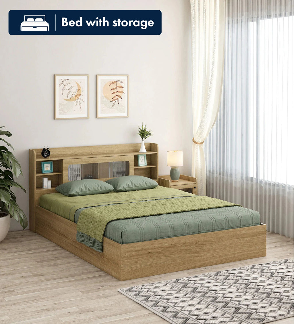 Wooden Queen Bed/Wooden Cot/Wooden Bed With Storage Engineered Wood Queen Box Bed, 218 cm x 160 cm (7.15 ft x 5.25 ft) (Finish Color - Santana Oak Finish, Delivery Condition - Knock Down)