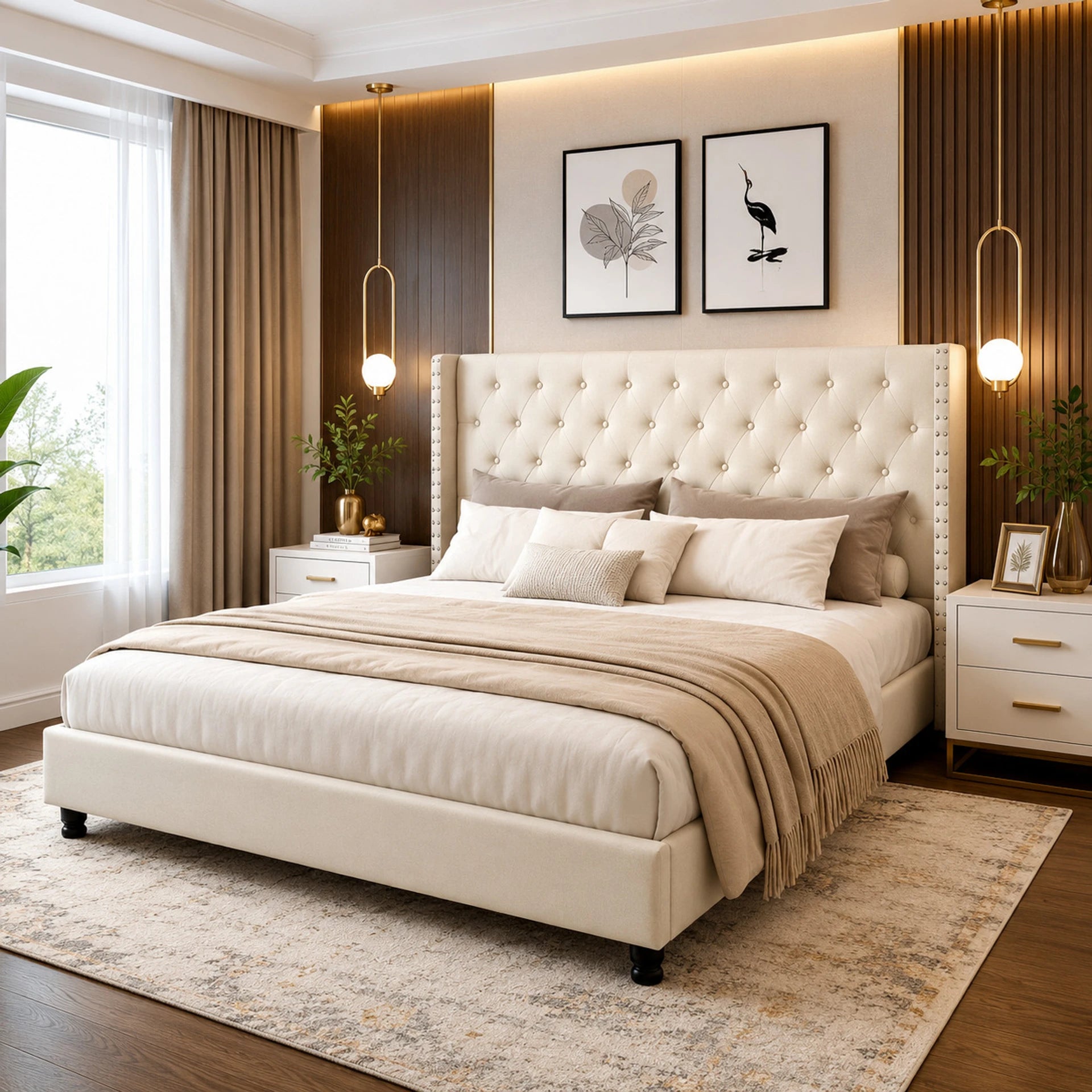 King Size Bed For Hotel, Bedroom Engineered Wood King Bed, 211 cm x 190 cm (6.92 ft x 6.23 ft) (Finish Color - Ivory Dutton Finish, Delivery Condition - DIY(Do-It-Yourself))