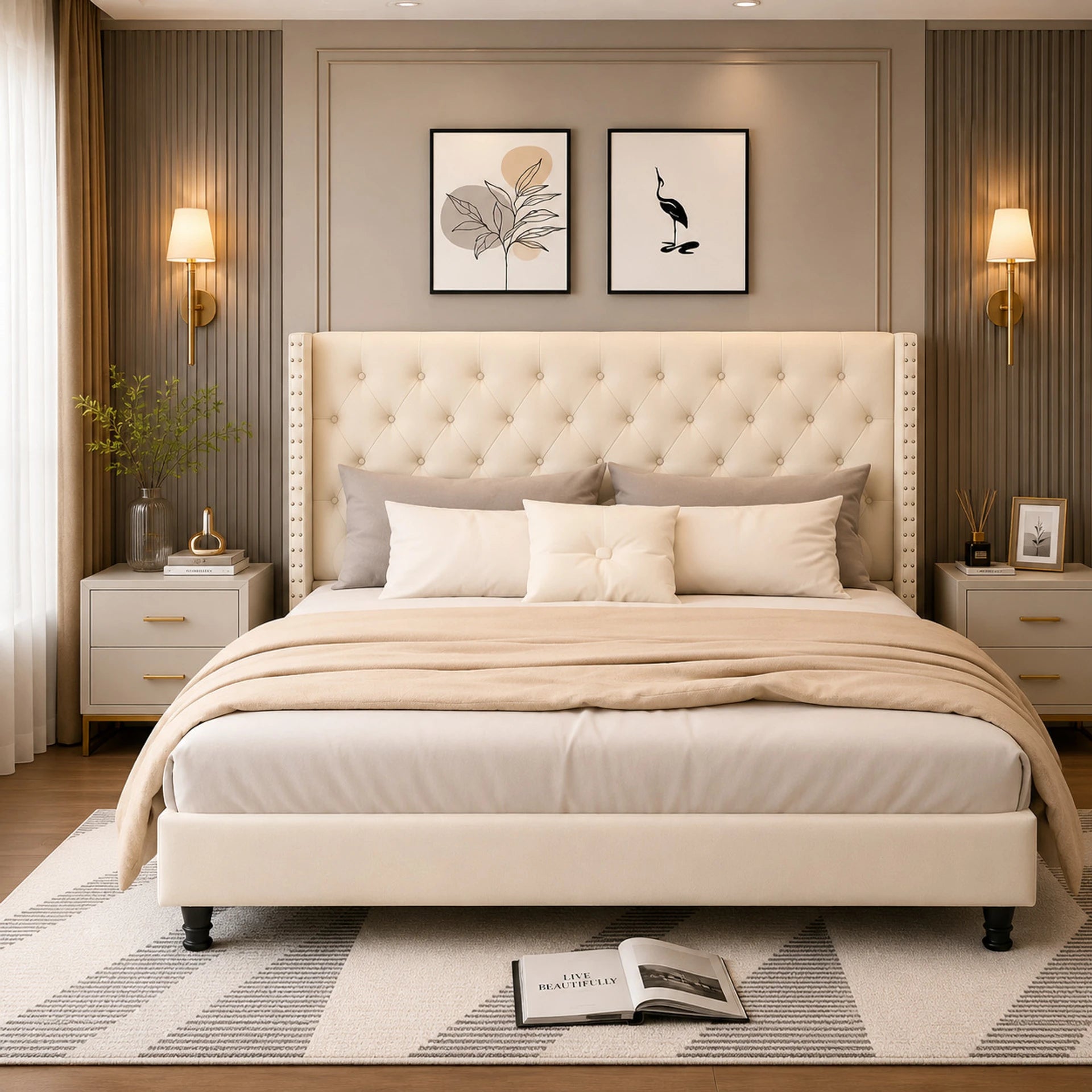 King Size Bed For Hotel, Bedroom Engineered Wood King Bed, 211 cm x 190 cm (6.92 ft x 6.23 ft) (Finish Color - Ivory Dutton Finish, Delivery Condition - DIY(Do-It-Yourself))