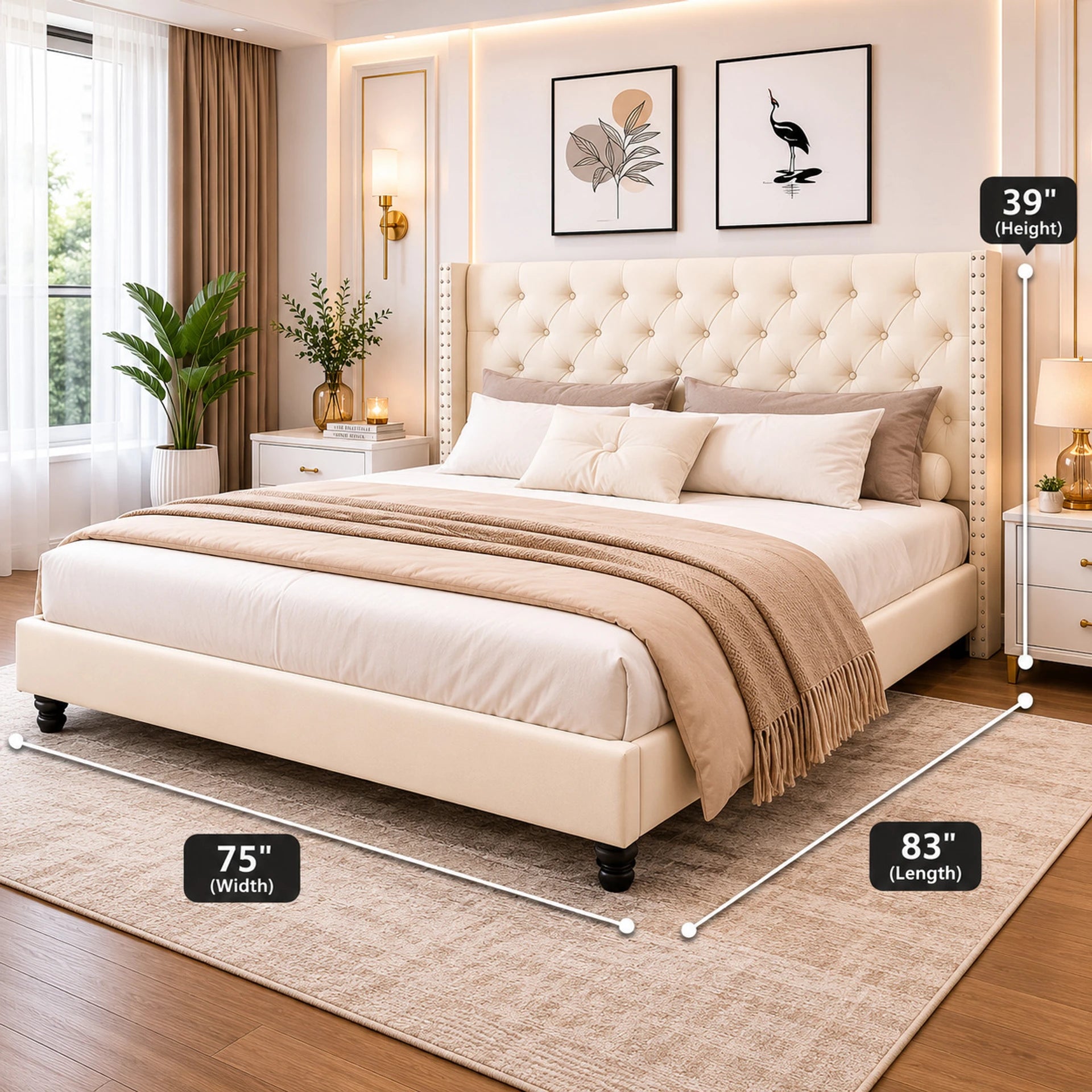 King Size Bed For Hotel, Bedroom Engineered Wood King Bed, 211 cm x 190 cm (6.92 ft x 6.23 ft) (Finish Color - Ivory Dutton Finish, Delivery Condition - DIY(Do-It-Yourself))
