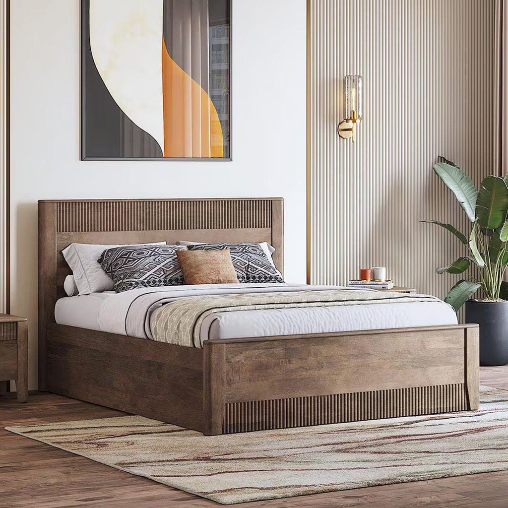 Solid Wood Queen Size Bed With Hydraulic Storage (Danish Walnut Finish)