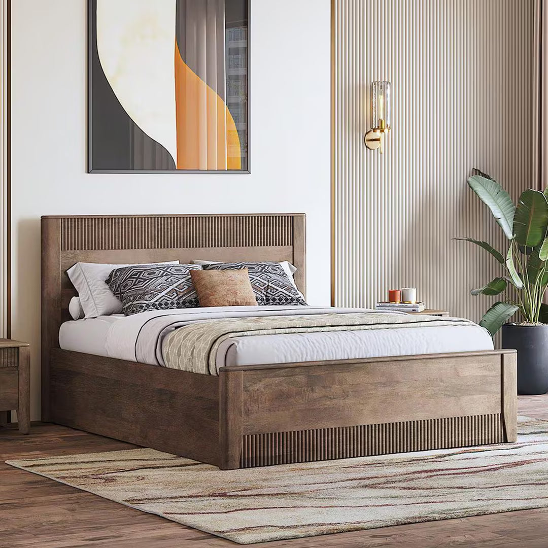 Solid Wood Queen Size Bed With Hydraulic Storage (Danish Walnut Finish)