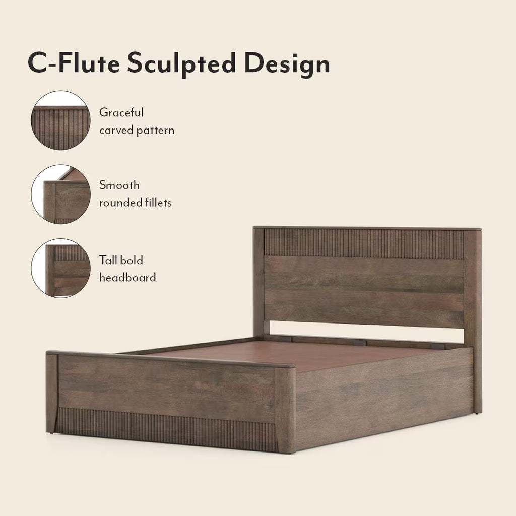 Solid Wood Queen Size Bed With Hydraulic Storage (Danish Walnut Finish)