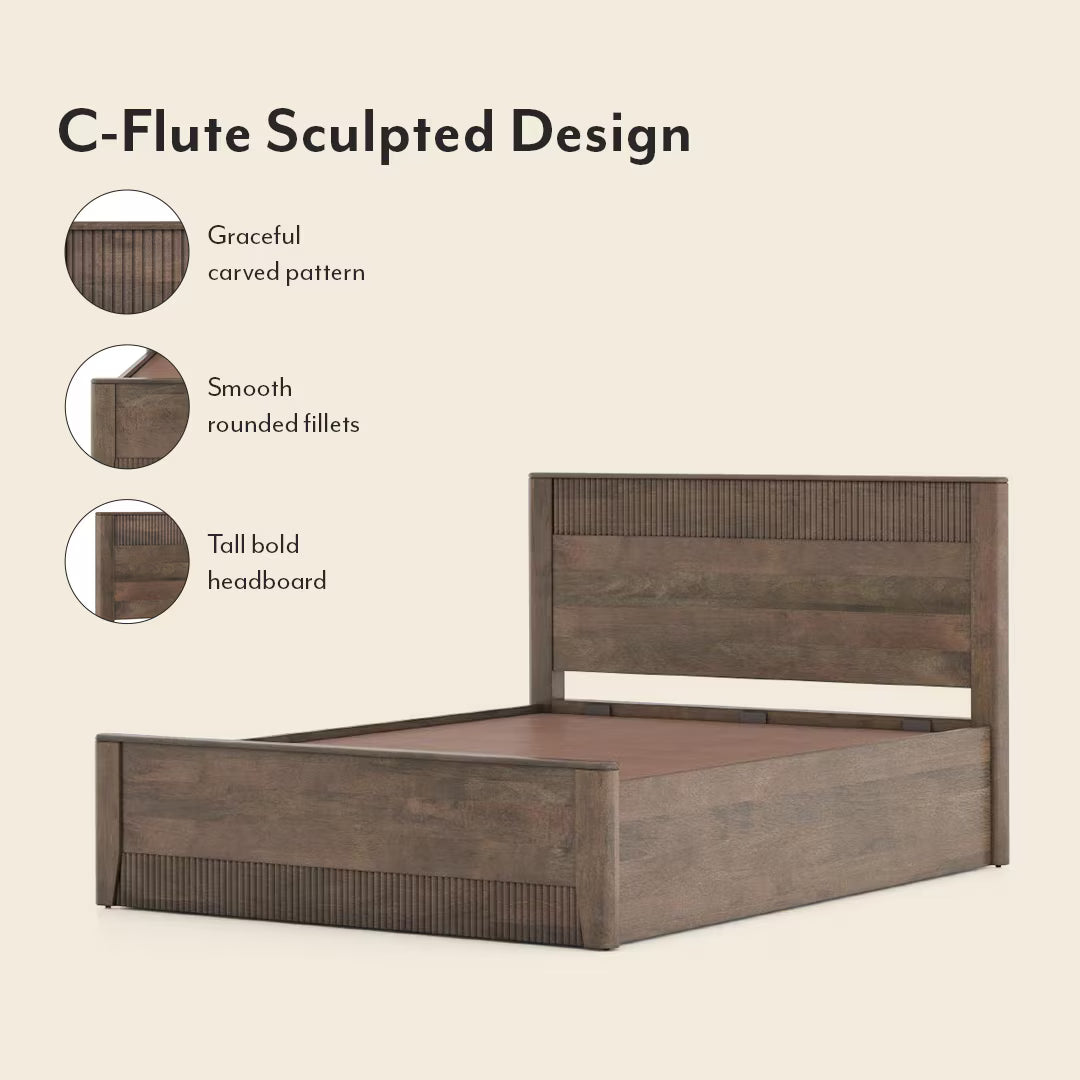 Solid Wood Queen Size Bed With Hydraulic Storage (Danish Walnut Finish)