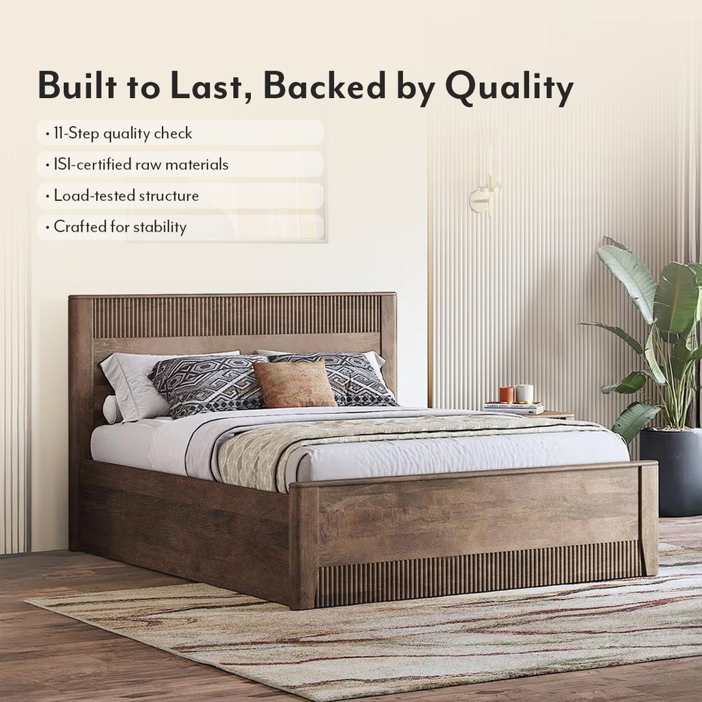 Solid Wood Queen Size Bed With Hydraulic Storage (Danish Walnut Finish)